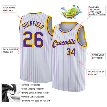 Custom White Purple Pinstripe Purple-Gold Authentic Throwback Basketball Jersey