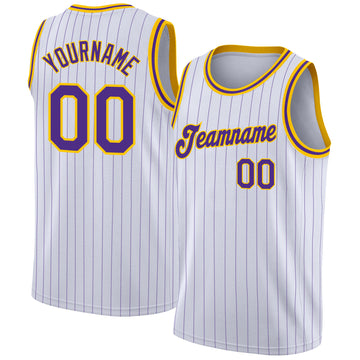 Custom White Purple Pinstripe Purple-Gold Authentic Throwback Basketball Jersey