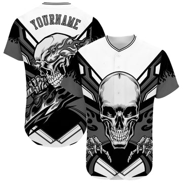 Custom White Gray-Black 3D Skull Authentic Baseball Jersey