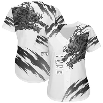 Custom White White-Black 3D Wolf Authentic Baseball Jersey