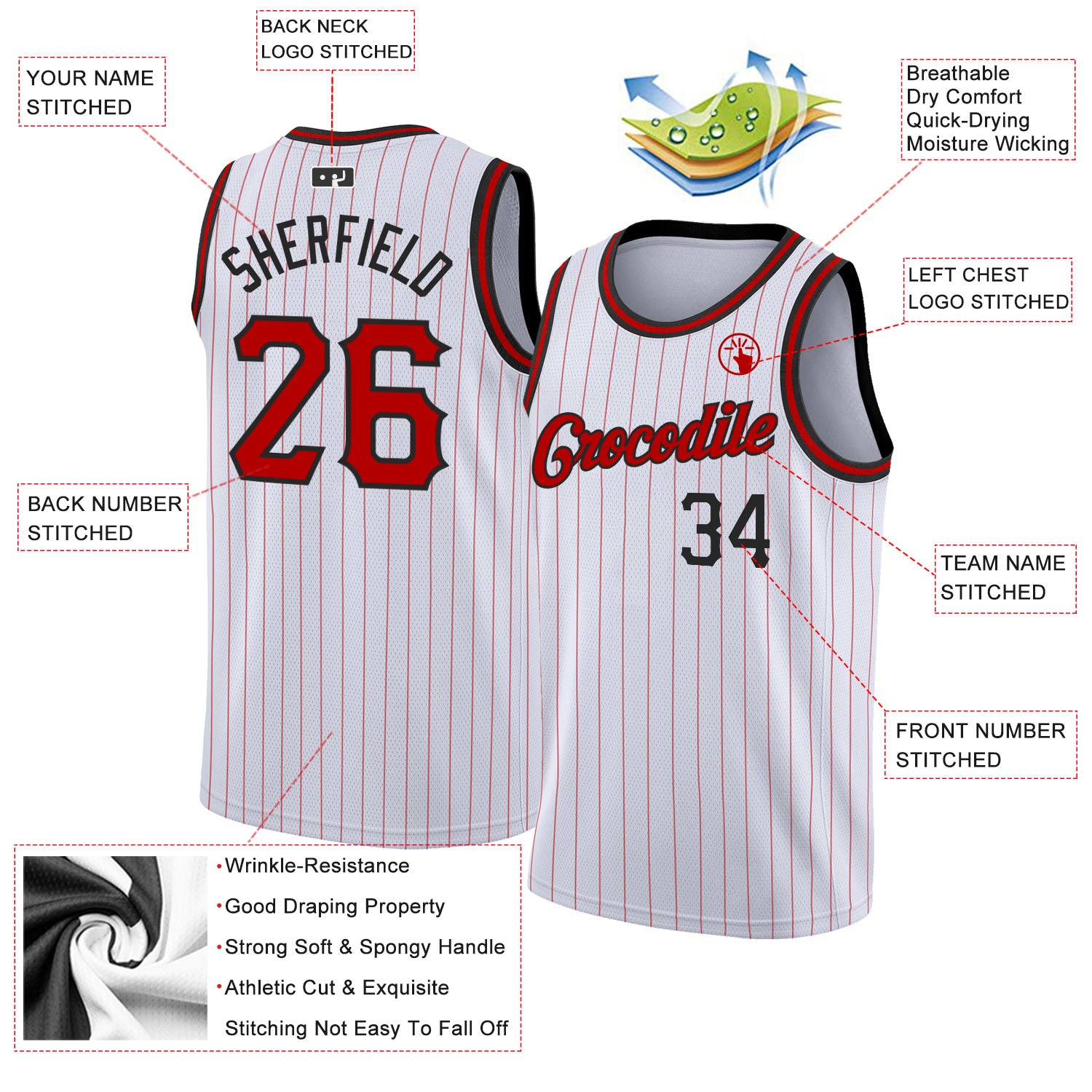 Custom White Red Pinstripe Red-Black Authentic Basketball Jersey Discount