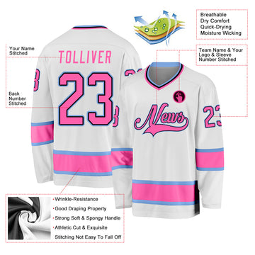 Custom White Pink-Light Blue Hockey Jersey