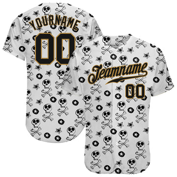 Custom White Black-Old Gold 3D Skull Fashion Authentic Baseball Jersey