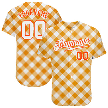 Custom White White-Orange 3D Pattern Design Orange Plaid Authentic Baseball Jersey