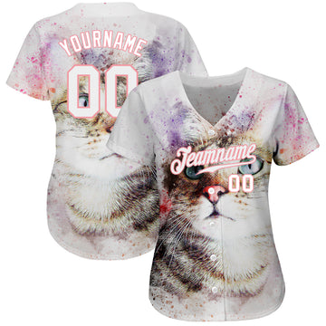 Custom White White- Medium Pink 3D Pattern Design Cat Authentic Baseball Jersey