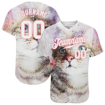 Custom White White- Medium Pink 3D Pattern Design Cat Authentic Baseball Jersey